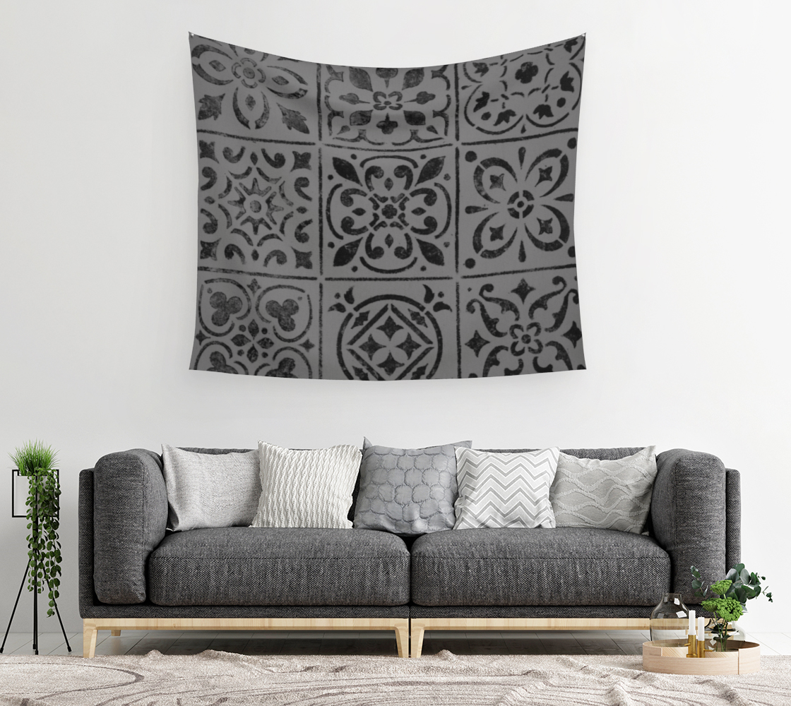 Wall Tapestry * Abstract Geometric Wall Art * Fabric Wall Hanging * Gray Black Moroccan Tile Design  thumbnail #3