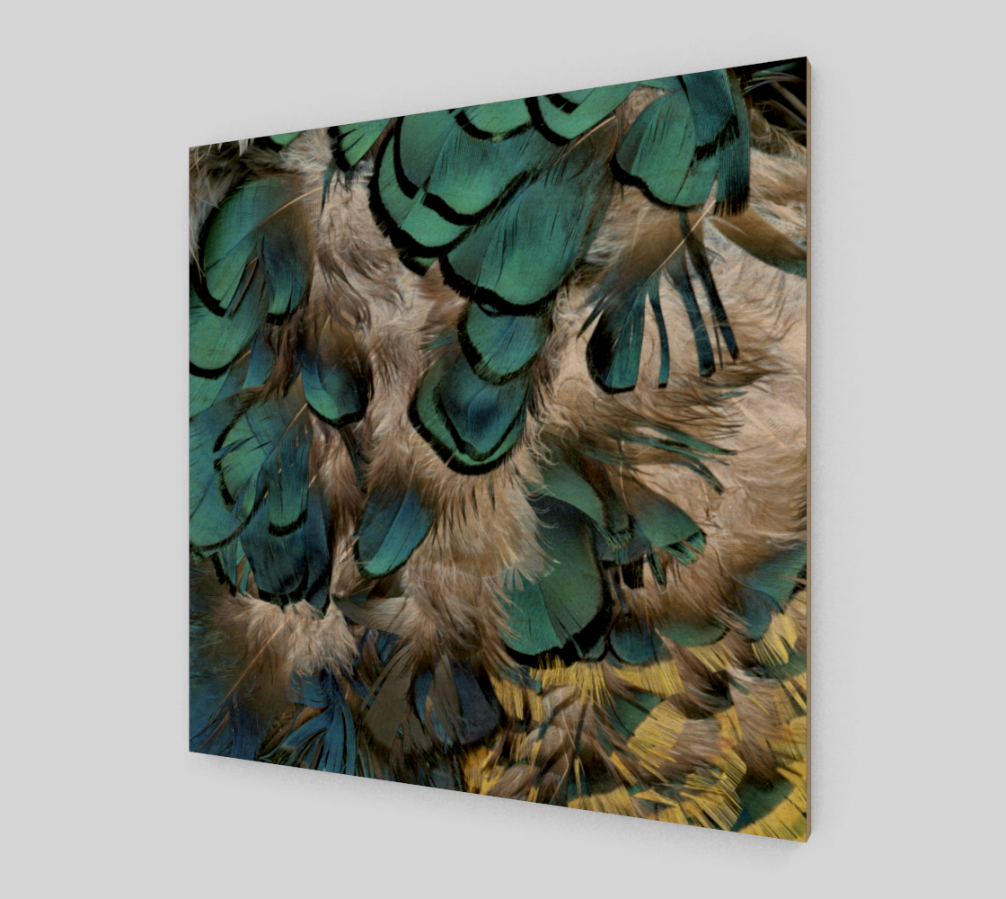 Wood Print * Wall Art Hanging Wood Canvas * Blue Grey Yellow Black Pheasant Feathers on Birch Wood preview