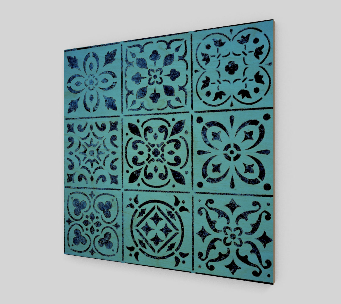 Aperçu de Wood Print * Blue Moroccan Tile Print Birch Wood Canvas * Abstract Geometric Ready To Hang #1