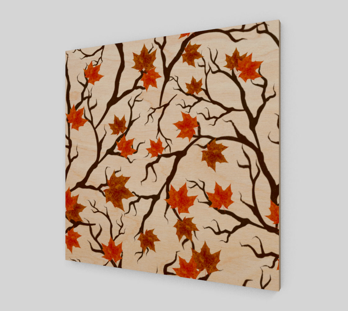 Aperçu de Wood Print * Rustic Leaves on Branches * Birch Wood Canvas Wall Art * Autumn 