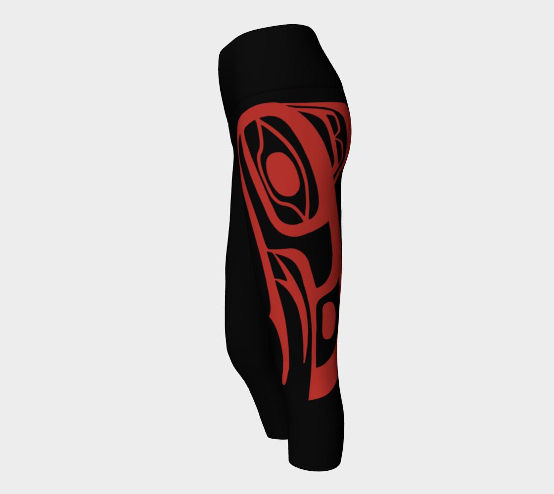 Tlingit Raven Yoga Capri Leggings Red On Black Black Band preview #2