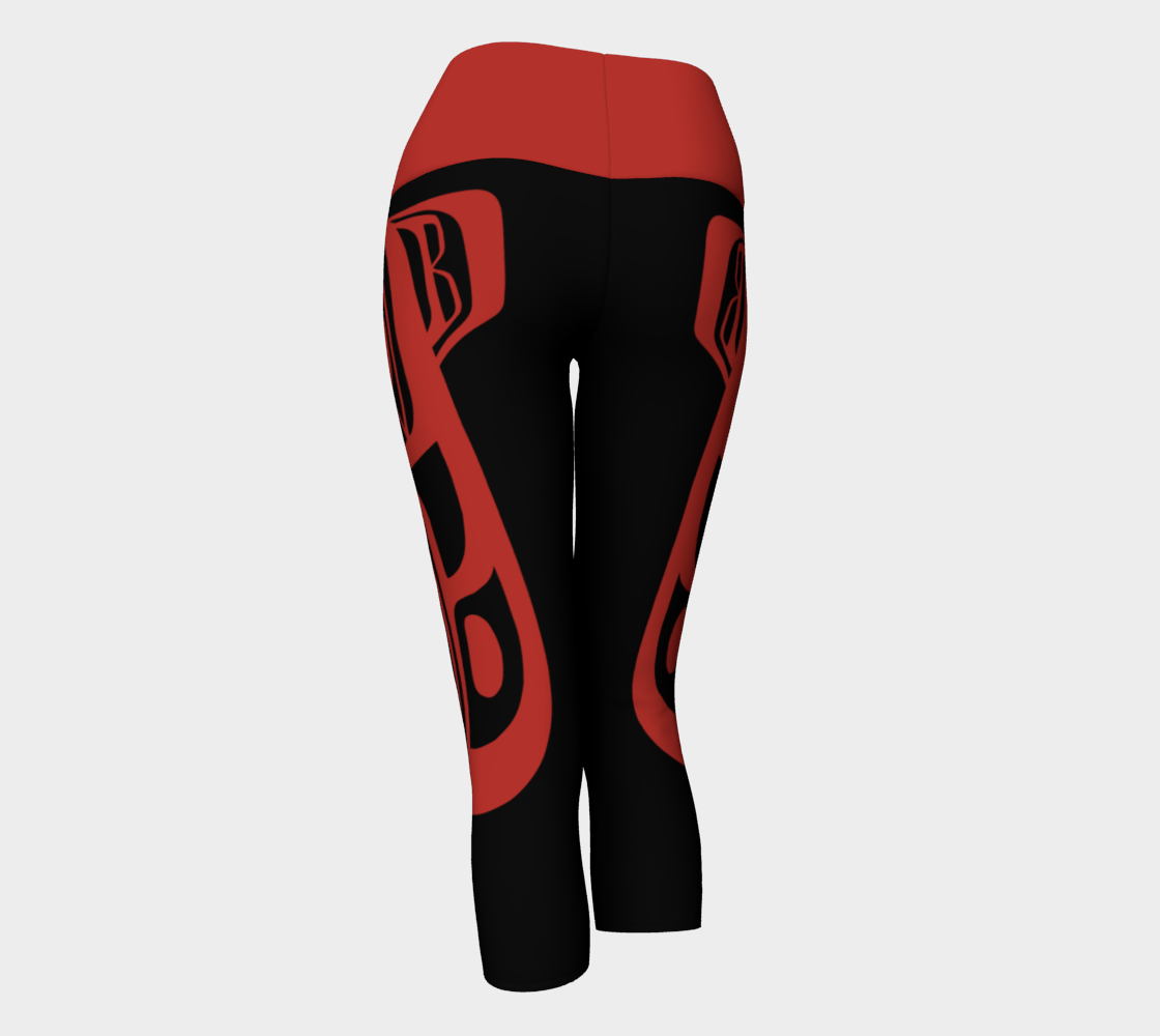 Tlingit Raven Yoga Capri Leggings Red on Black With Red Band thumbnail #4