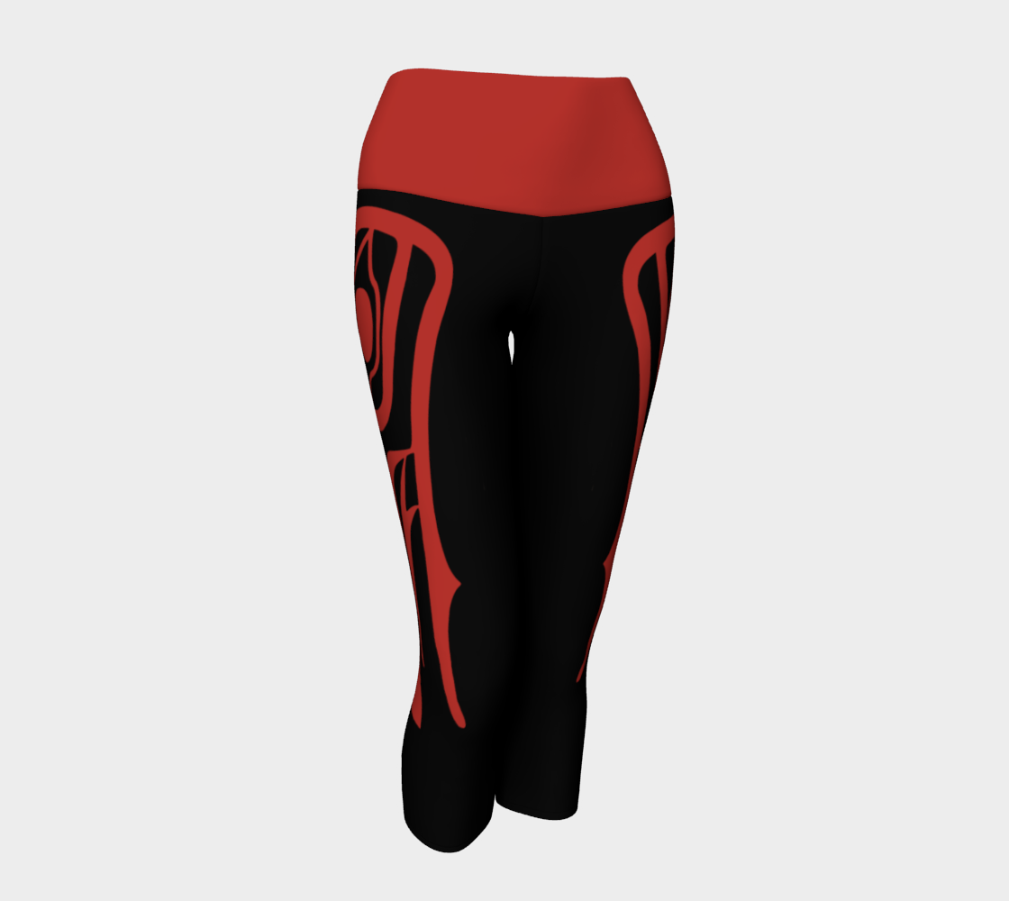 Tlingit Raven Yoga Capri Leggings Red on Black With Red Band preview #1
