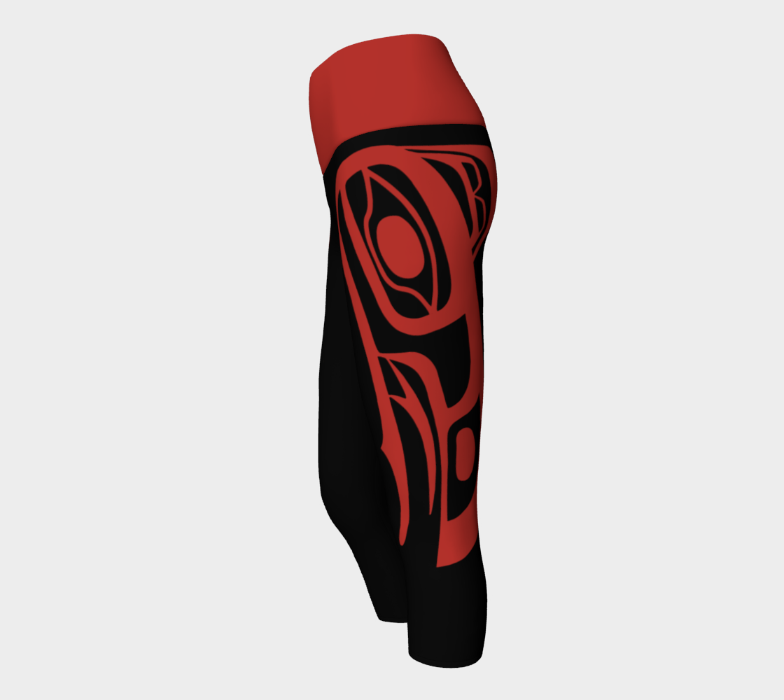 Tlingit Raven Yoga Capri Leggings Red on Black With Red Band preview #2