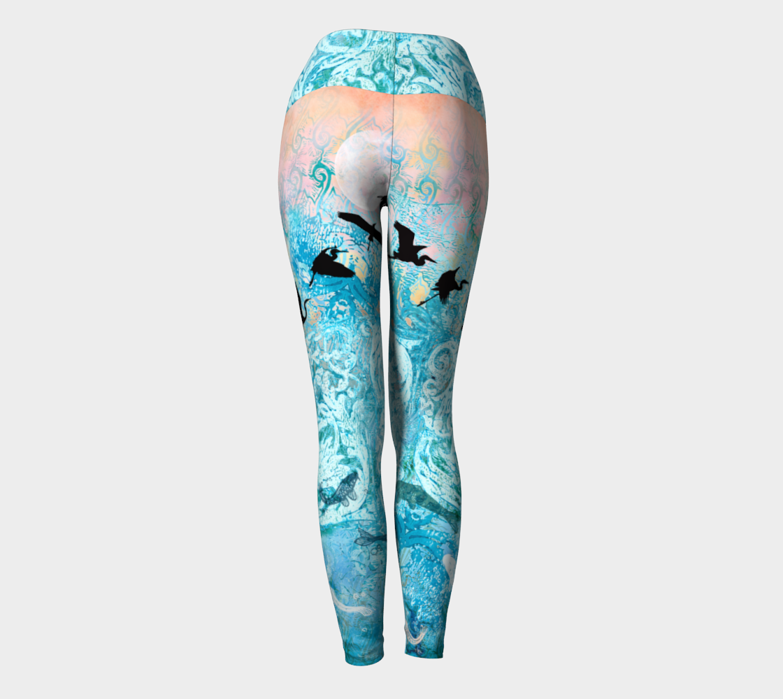 Watercolor Linocut Koi & Cranes Yoga Leggings preview #4