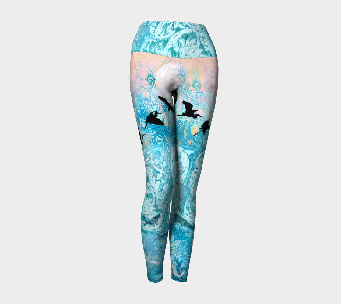Watercolor Linocut Koi & Cranes Yoga Leggings preview #1