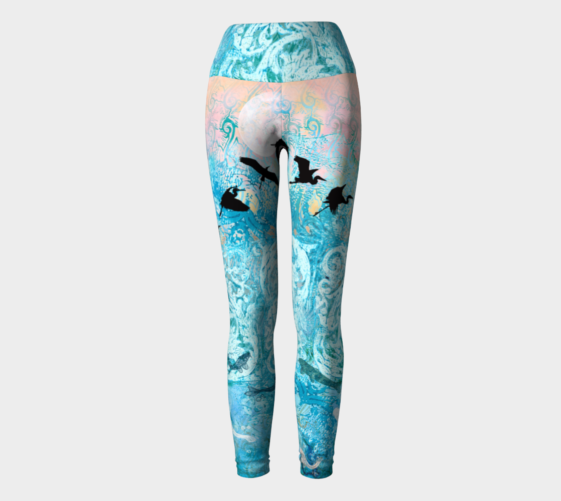 Watercolor Linocut Koi & Cranes Yoga Leggings preview #2