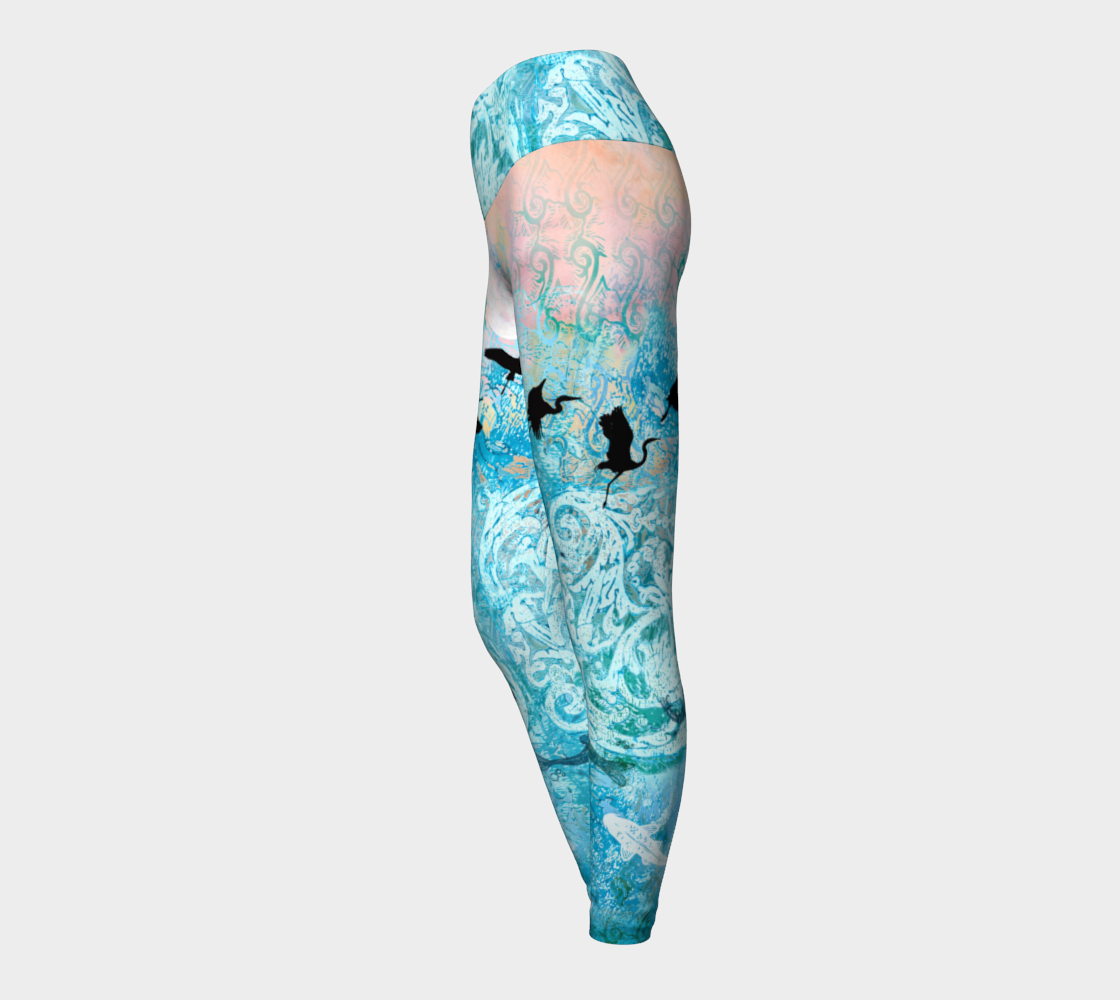 Watercolor Linocut Koi & Cranes Yoga Leggings preview #3