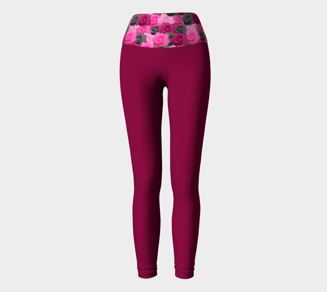 Maroon Yoga Leggings with Pink Roses Band preview #2