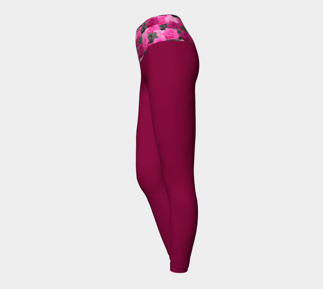 Maroon Yoga Leggings with Pink Roses Band thumbnail #4