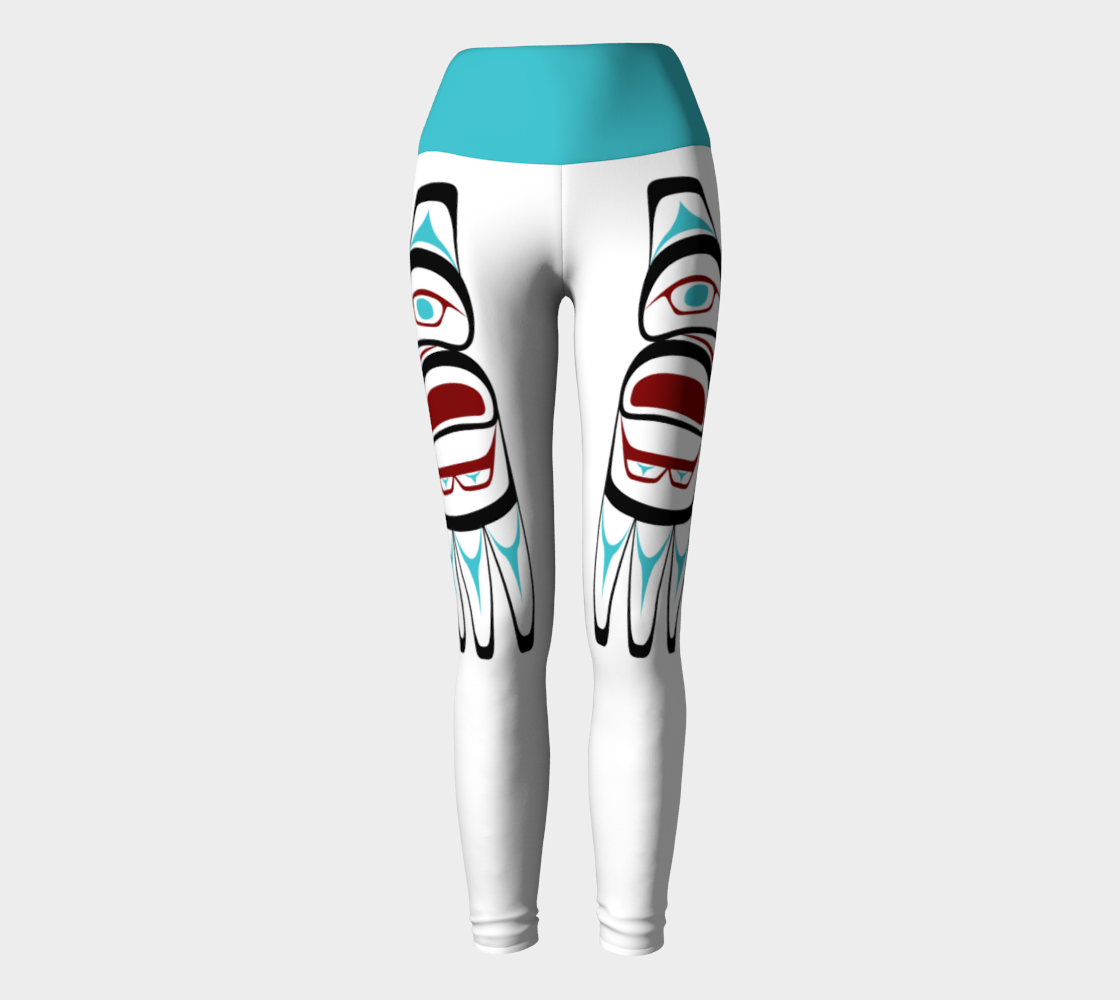 Tlingit Native Indian Designed Yoga Leggings White Background Teal  Waistband preview
