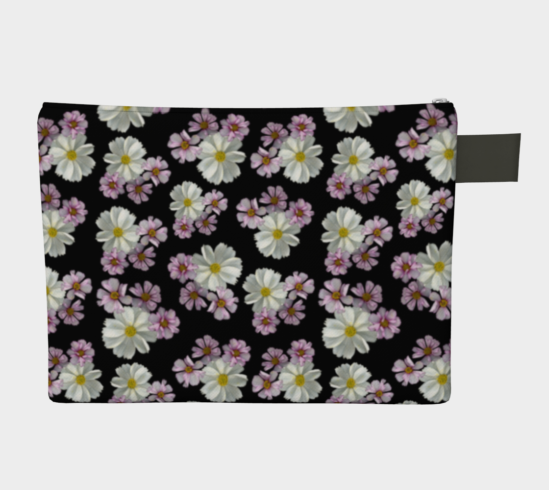 Zipper Carry All * Abstract Floral Makeup Bag * Travel Organizer Pouch * Black Pink Purple White Cosmos Blossoms Miniature #3