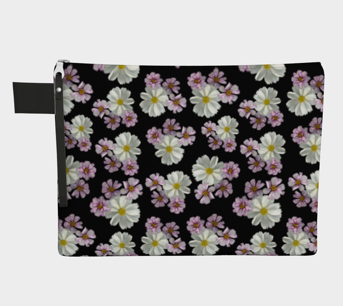 Zipper Carry All * Abstract Floral Makeup Bag * Travel Organizer Pouch * Black Pink Purple White Cosmos Blossoms preview
