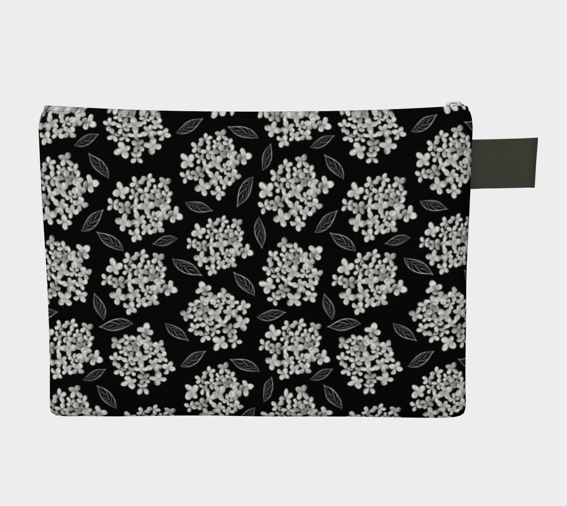 Zipper Carry All * Abstract Floral Makeup Bag * Travel Organizer Pouch * White Hydrangea on Black * Pristine Miniature #3