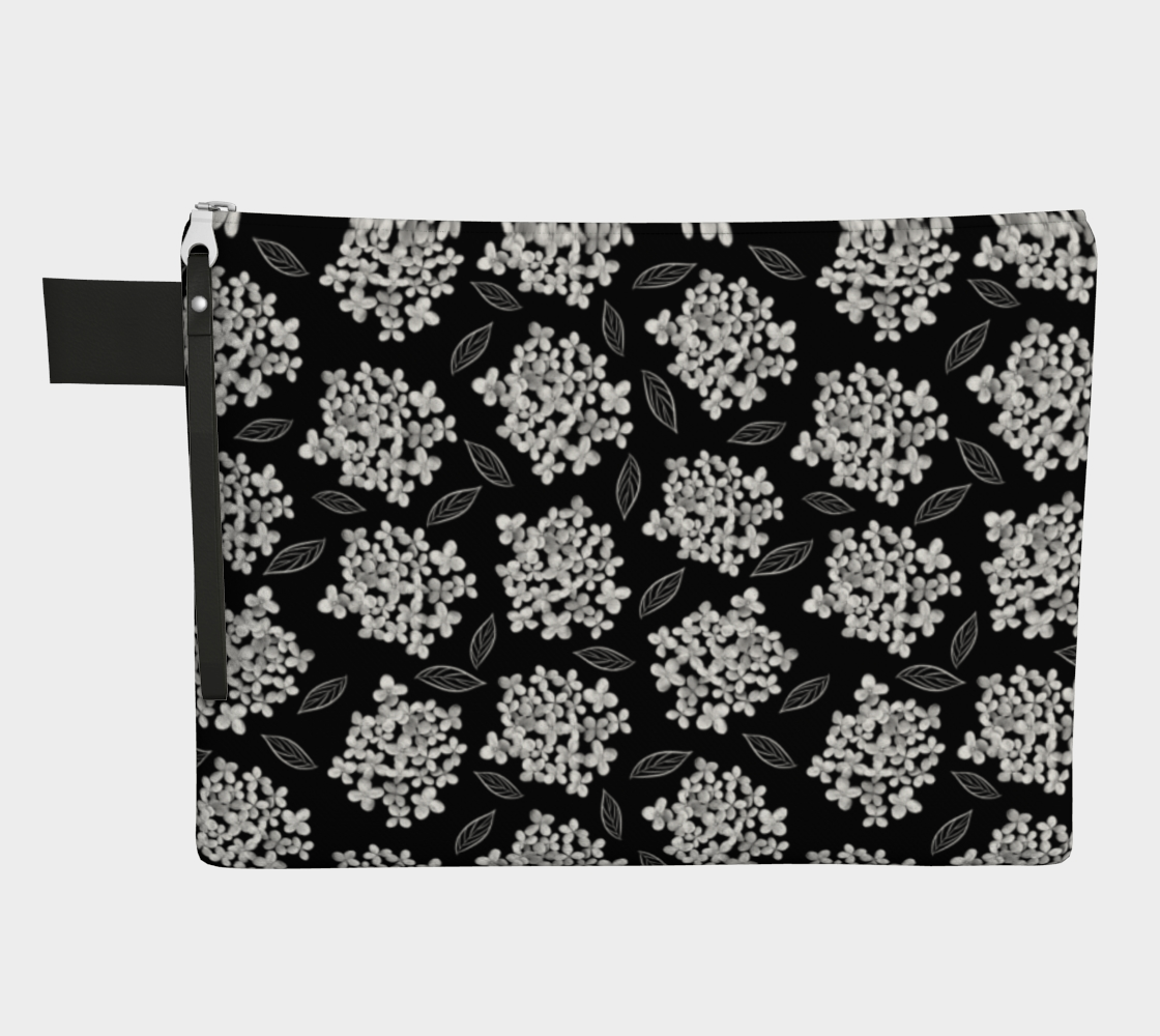 Zipper Carry All * Abstract Floral Makeup Bag * Travel Organizer Pouch * White Hydrangea on Black * Pristine preview