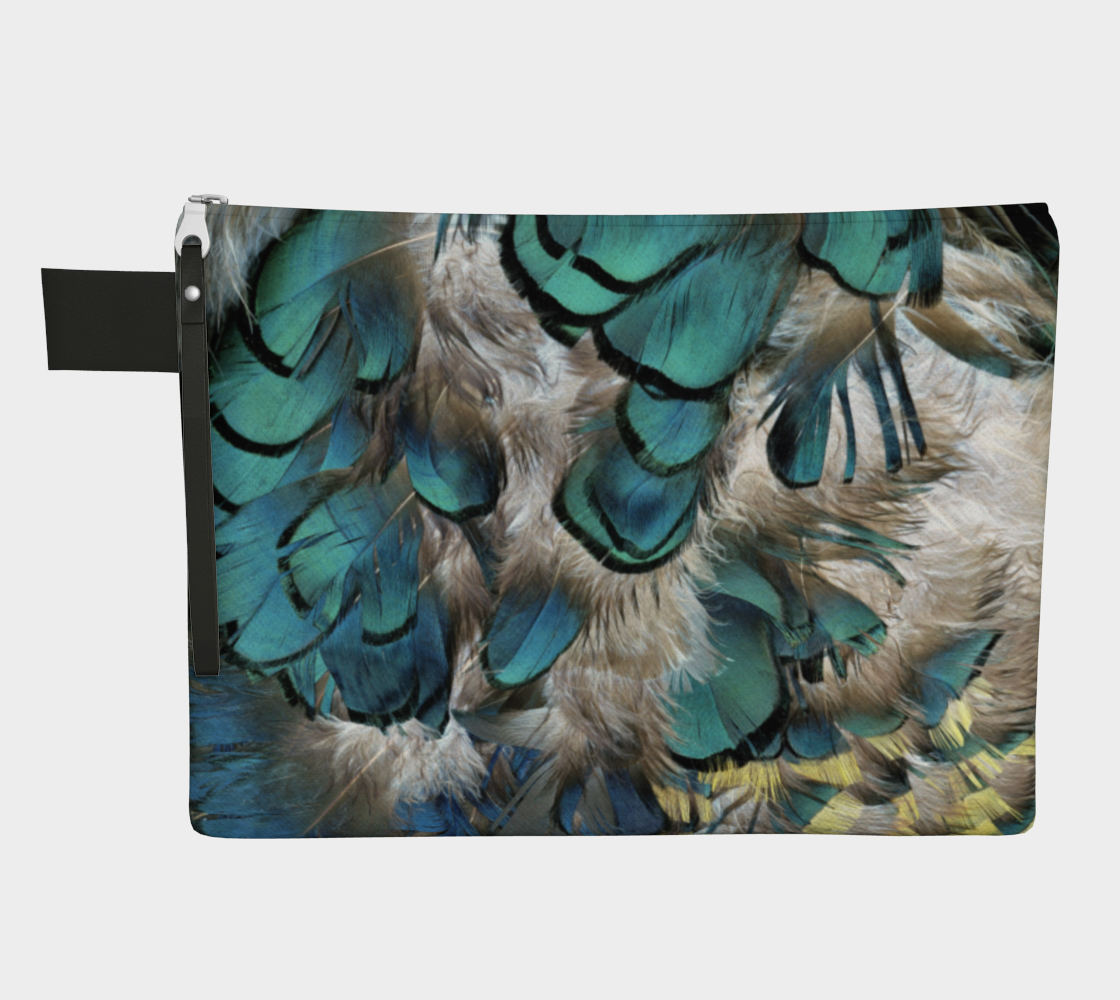 Zipper Carry All * Blue Grey Yellow Black Pheasant Feather Makeup Bag* Travel Organizer Cosmetics Pouch preview