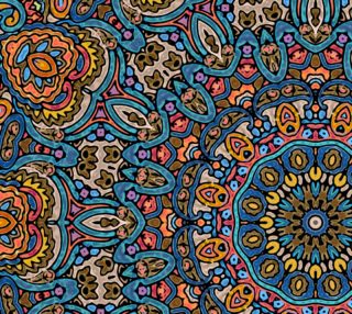 Oriental Watercolor Mandala Blue Orange Fabric preview