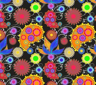 Retro Mod Paisley Floral - Bright Colors on Black Background preview