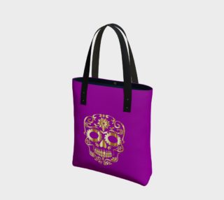 Aperçu de  Golden Sugar Skull, Purple Background Tote Bag
