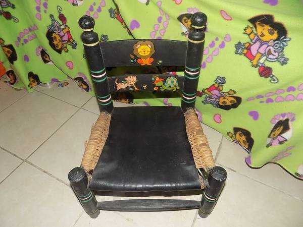 Photo Vintage Wooden Childs Chair Ladder Back Woven Seat $20