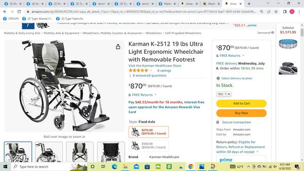 Photo Karman K-2512 19 lbs Ultra Light Wheelchair, 18 Seat, NEW $400
