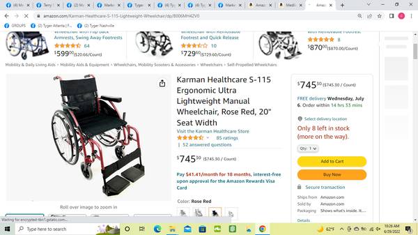 Photo Karman S-115 Ultra Lightweight Manual Wheelchair, 20 Seat, NEW $400