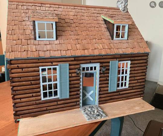 Photo Wooden log cabin doll house--FURNISHED w working light $350
