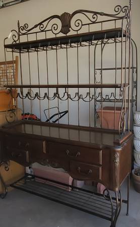 Photo Two Piece Wood and Metal Bakers Rack $495