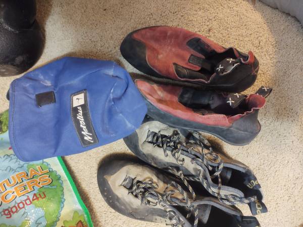 Photo two pairs rock climbing shoes mens 8.5 and a chalk bag $40