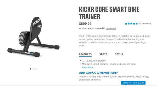50 OFF Wahoo Kickr Core Smart Indoor Bluetooth Trainer $450