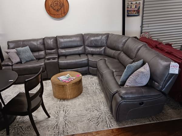 Photo Large Grey Leather Power Reclining Sectional $1,295