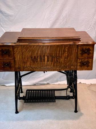 Photo Vintage White Family Rotary Treadle Sewing Machine Refinished Cabinet $545
