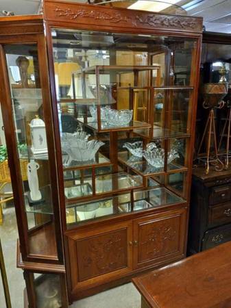 Photo Carved Teak Wood And Glass 3 Piece Display Cabinet $250