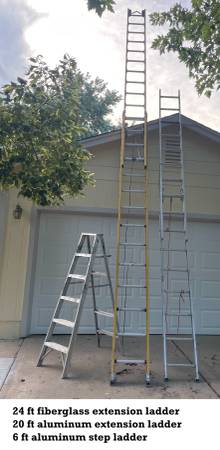 Photo Ladders for Sale, 24 ft extension, 20 ft extension, 6 ft step $25