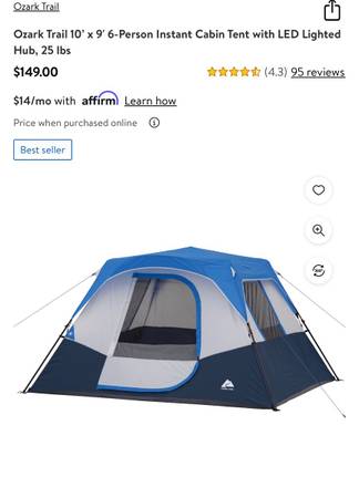Photo Ozark Trail 10 x 9 6-Person Instant Cabin Tent with LED Lighted Hub $100