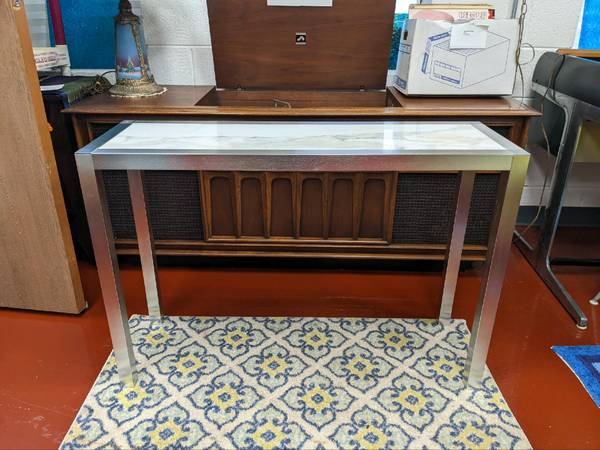 Photo Vintage Aluminum and Marble Console Side Table $395