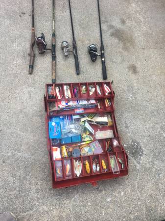 Vintage Fishing Tackle Box Lures Spoons Shakespeare Mitchell Reels Rod $78