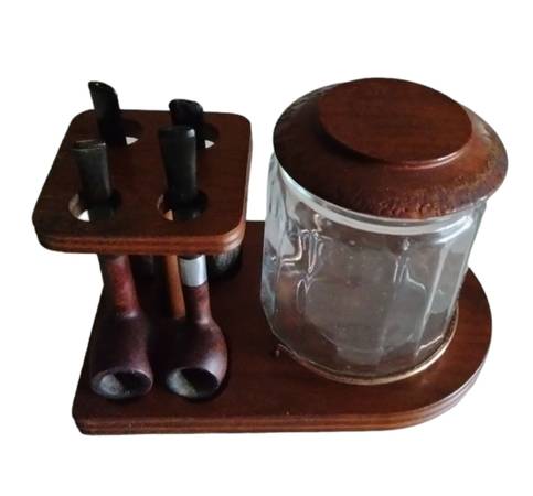 Photo Vintage Glass Tobacco Humidor, Walnut Pipe Stand, Four Pipes $30