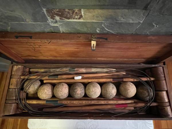 Photo Old Lawn Croquet set in orig wood Box Eclipse $45