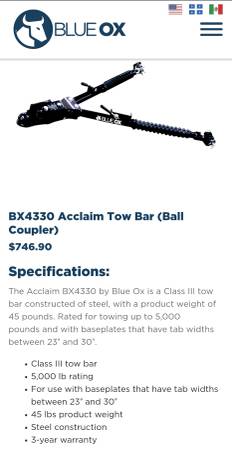Photo Blue Ox tow bar and accessory kit $500