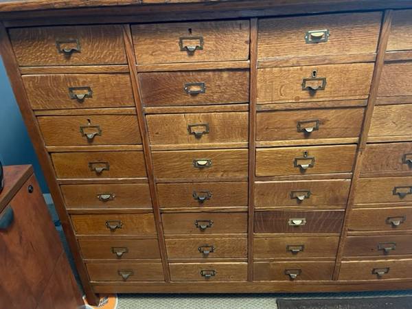 Photo Apothecary Qtr Sawn Industrial Oak 40 Drawer File Cabinet 1800s $4,995