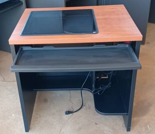 Photo Avion wood desk, glass top, key boardsliding storage tray $40