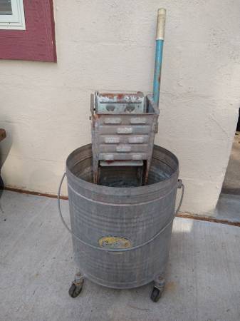 Large old galvanized mop wringer bucket $55