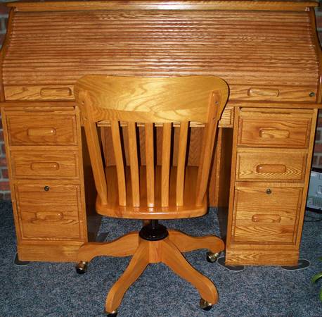 Photo Oak Roll Top Desk  Chair set Full size $1,200