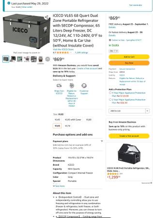 Photo Van Life  RV ICECO VL65 68 Quart Dual Zone Portable Refrigerator $600