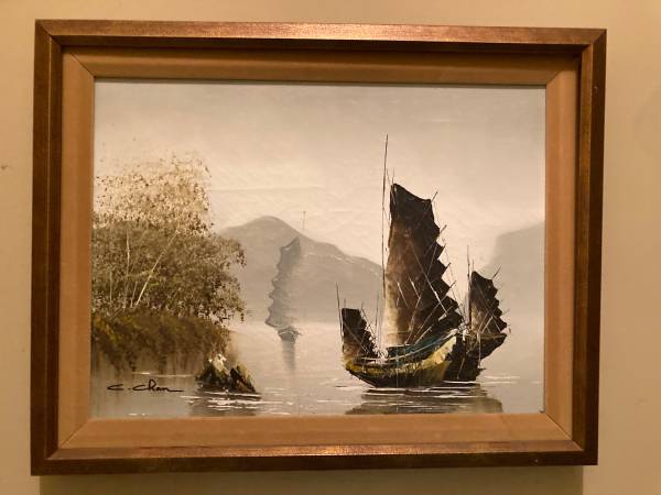 Photo Art, Artist C. Chan signed oil on canvas. Chinese Junk sail boat..framed. $110