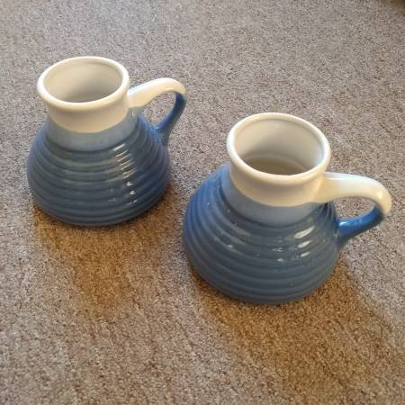 Photo 2 Vintage Ceramic Wide Bottom Coffee Mugs, Blue  White $15