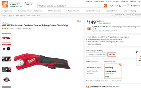 M12 12V Lithium-Ion Cordless Copper Tubing Cutter (Tool-Only) $105