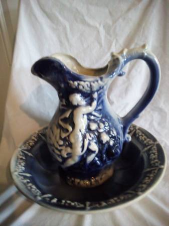 Photo Vintage ceramic blue Cupid water pitcher bowl set $55