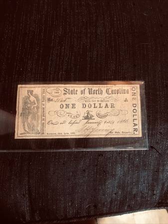 1861 The State of North Carolina Raleigh One Dollar $1 Obsolete Note Extra Fine $95